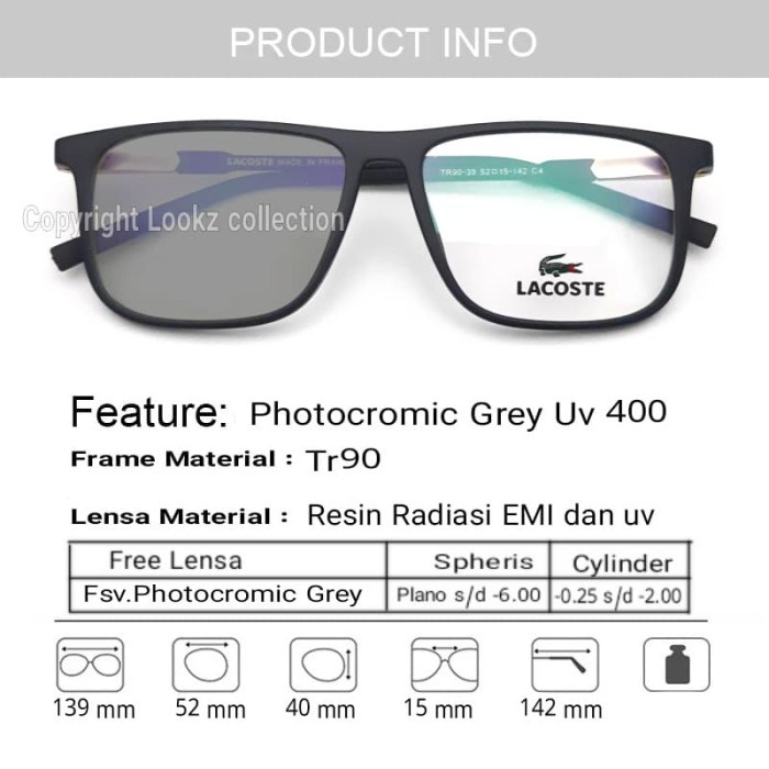 Lacoste - Frame kacamata minus lacoste Free lensa photocromic grey - only frame