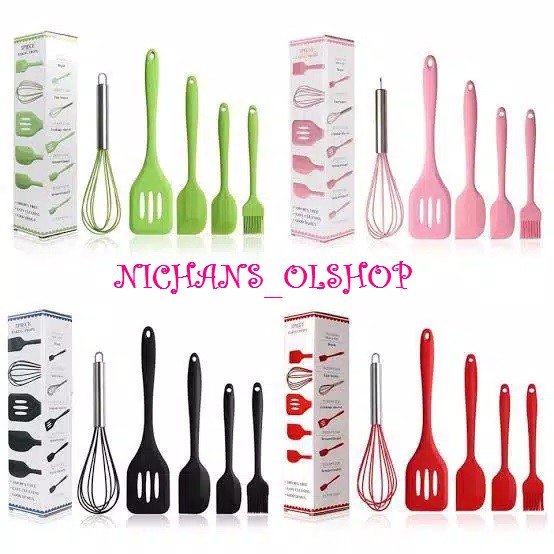 Spatula Silikon Set 5 Pcs Peralatan Masak Tahan Panas & Anti Lengket Spatula Silicon / Spatula PINK