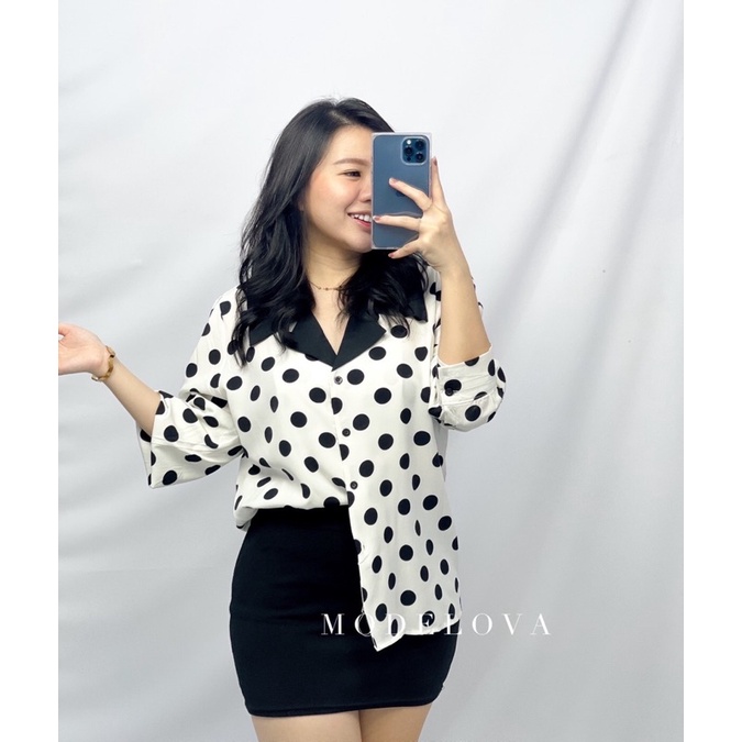 MDLV - 2160# Polkadot Notched Collar Shirt Blouse Polkadot Atasan Polkadot Lengan Panjang Fashion Import