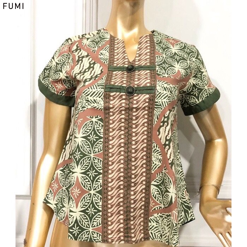 Evercloth Fumi Blouse Wanita Atasan Wanita Blouse Batik Wanita Lengan Pendek Atasan Batik Wanita Koin Kancing Shanghai Batik Couple Set Family Sarimbit Burung