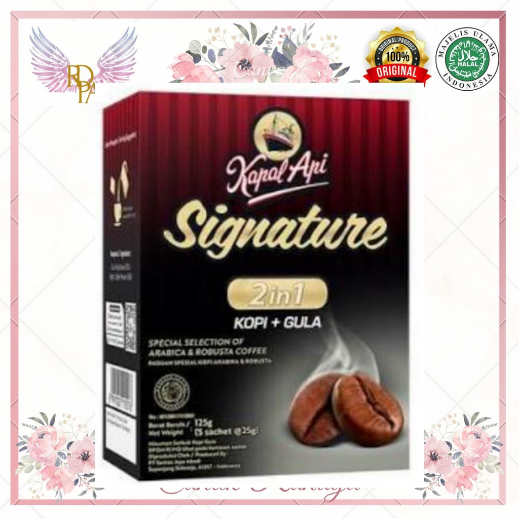 

Kopi Kapal Api Signature 2 in 1 Box. 1 Box Isi 5 Sachet 5x25 Gr. Kopi Kapal Api Signature Kopi + Gula