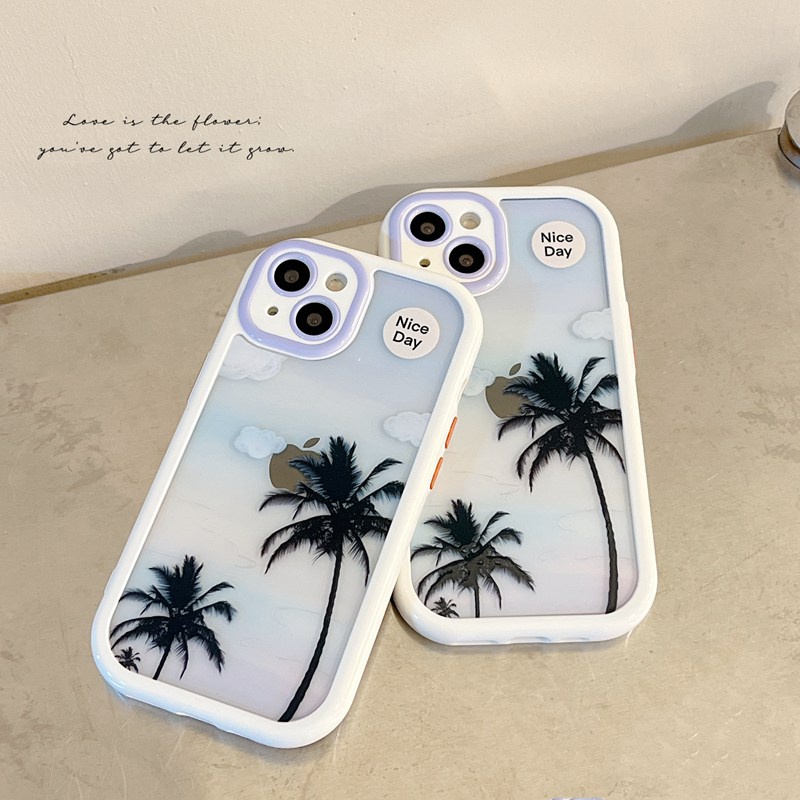 Kamera Lubang Presisi Melindungi Soft Case untuk IPhone Xr Xs Max Ip Apple IPhone 11 12 13 Pro Max Wanita Gadis awan pohon kelapa Teman Hadiah Kunci Independen casing hp