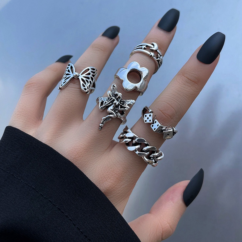 Fancyqube Set Cincin Rantai Desain Kupu-Kupu Bunga Geometris Gaya Vintage Bohemian Punk Gothic Untuk Wanita