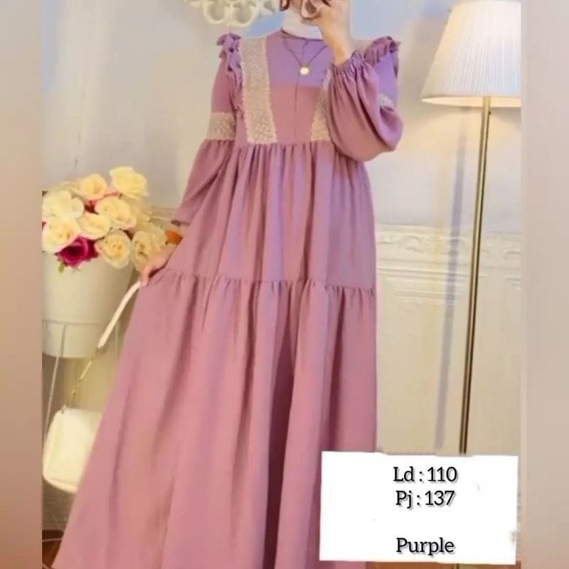 Fashion Wanita Gamis Crinkle Olivia Dress Baju Gamis Remaja Aplikasi Renda Lengan Balon Baju Wanita Kekinian