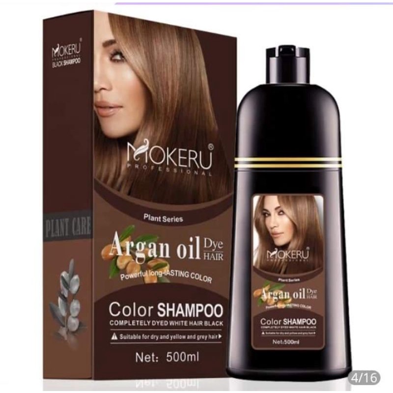 MOKERU (1SET) Pewarna Rambut Herbal | Argan Oil Dye hair shampoo 500ml Dan Conditioner 500ml+Vitamin rambut 1Blister.