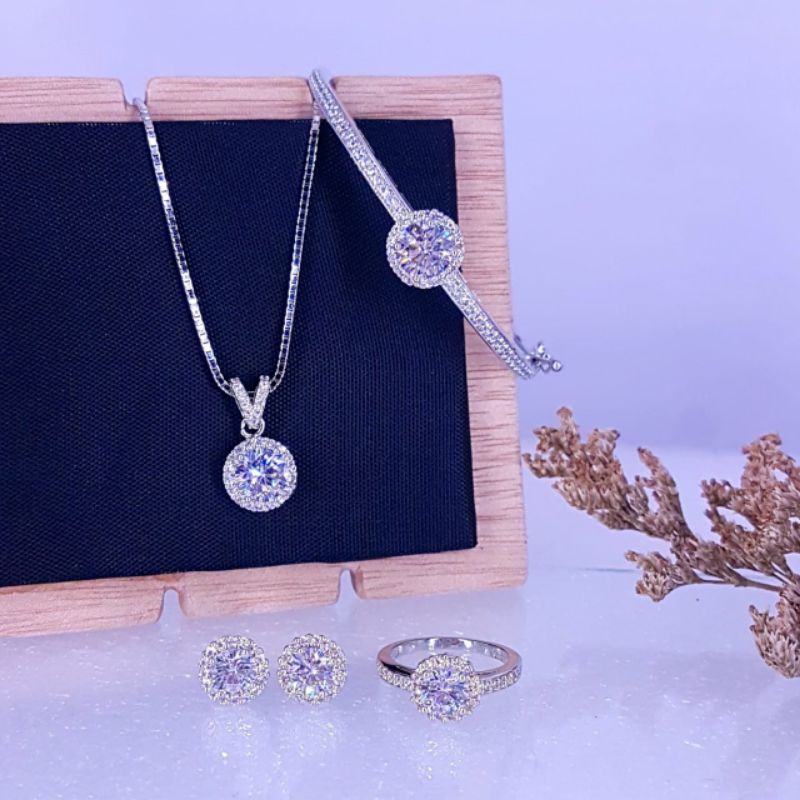 Bisa cod: Set premium zircon, bahan silver,awet