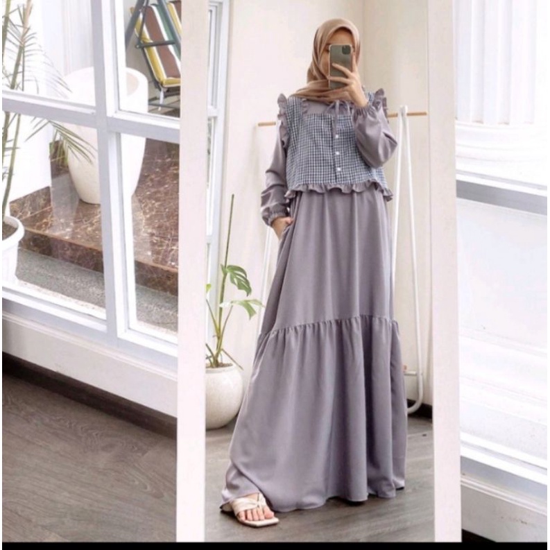TRAND gamis remaja terbaru dress muslim rompi kotak kotak baju muslim murah LALA DRESS