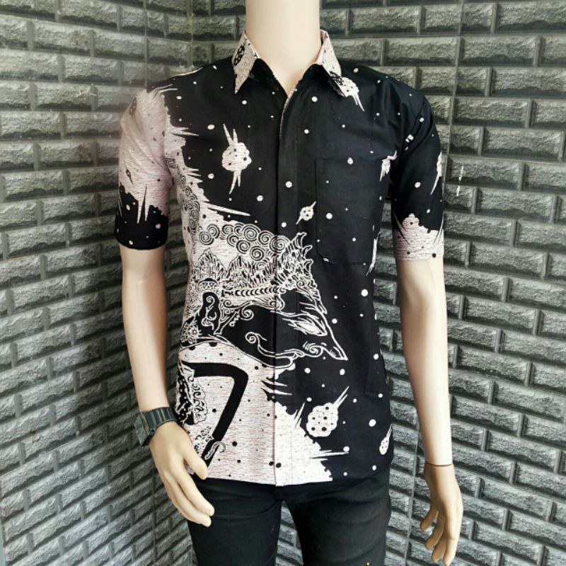 BSWART Batik HRB026 Kenongo Hem Pendek Padi Pekalongan M L XL Batik Pria MURAH Modern Grosir-Wyg ireng.
