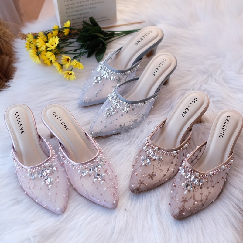 𝗖𝗘𝗟𝗟𝗘𝗡𝗘 Safir Beads Heels 3 color / Wedding shoes 7cm payet selop sepatu pernikahan 3warna