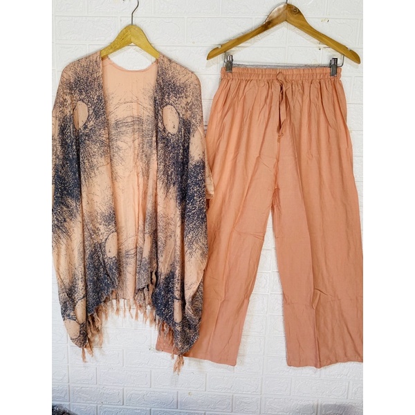 setelan OUTER AKAR&CELANA KULOT POLOS UKURAN ALL SIZE-XXXL-Peach abu