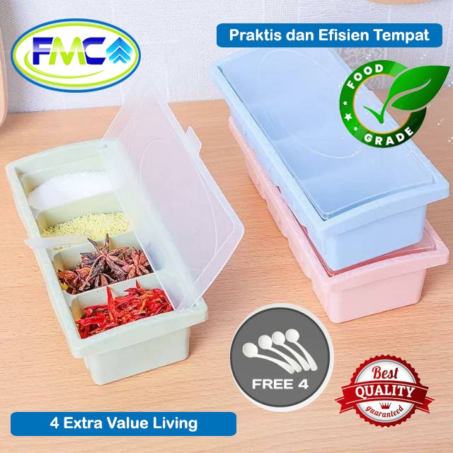 Tempat Bumbu Dapur Set 4 Sekat Anti Pecah Besar Gratis Sendok Takaran Murah Praktis Kotak Bumbu Plastik