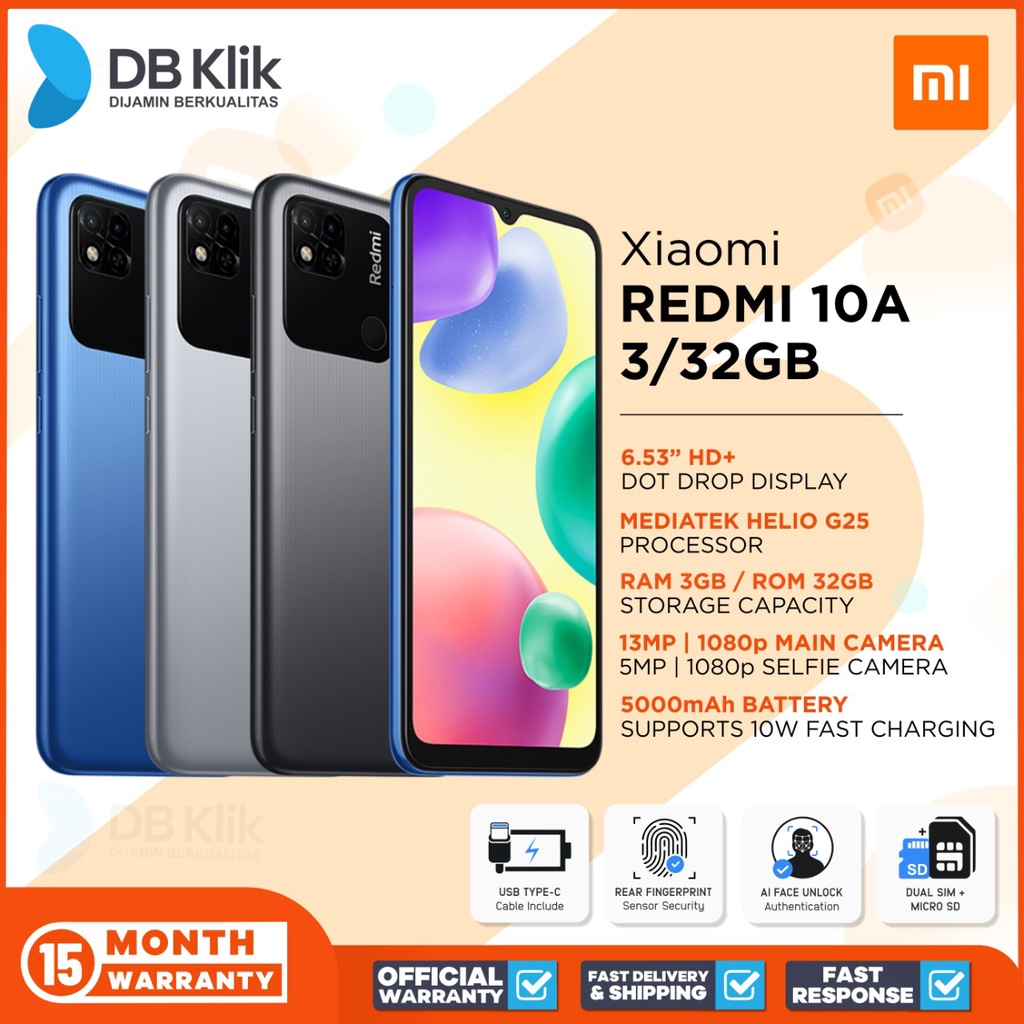 Handphone Xiaomi Redmi 10A 3/32GB - Redmi 10A 3GB 32GB Garansi Resmi