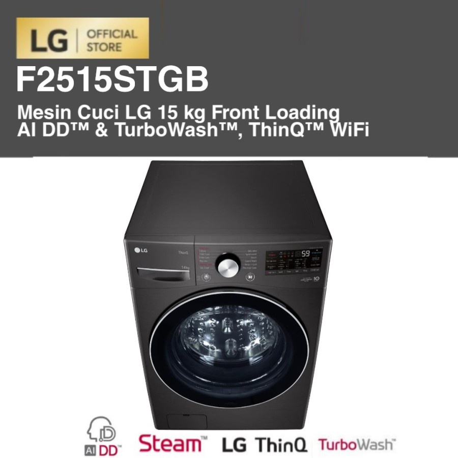 LG F2515STGB Mesin Cuci 15 kg Front Loading AI DD™ &amp; TurboWash™ ThinQ™