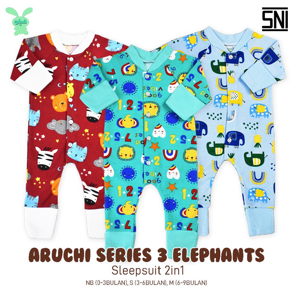 ♥BabyYank♥ ARUCHI SLEEPWEAR SLEEPSUIT PIYAMA BAYI MOTIF GIRAFFE CROCODILE ELEPHANT (HARGA 1PCS)