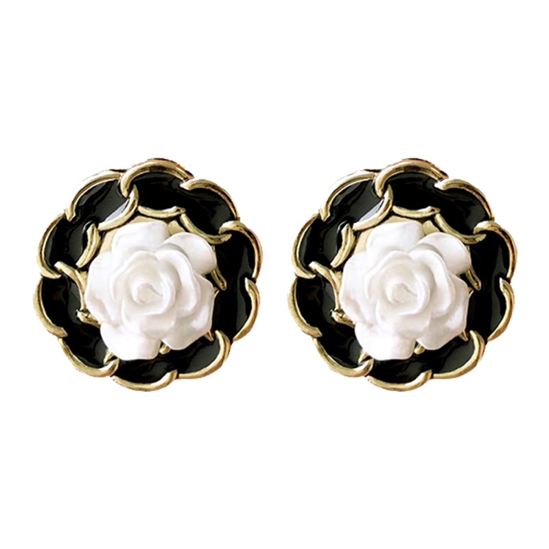 Anting Tusuk Motif Bunga simple Ala retro Warna Hitam Untuk Wanita