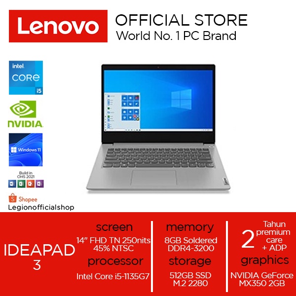 Lenovo IdeaPad 3 14ITL6 Core i5-1135G7 RAM 8GB SSD 512GB LAYAR 14" FHD (1920x1080) TN 250nits/MX350 