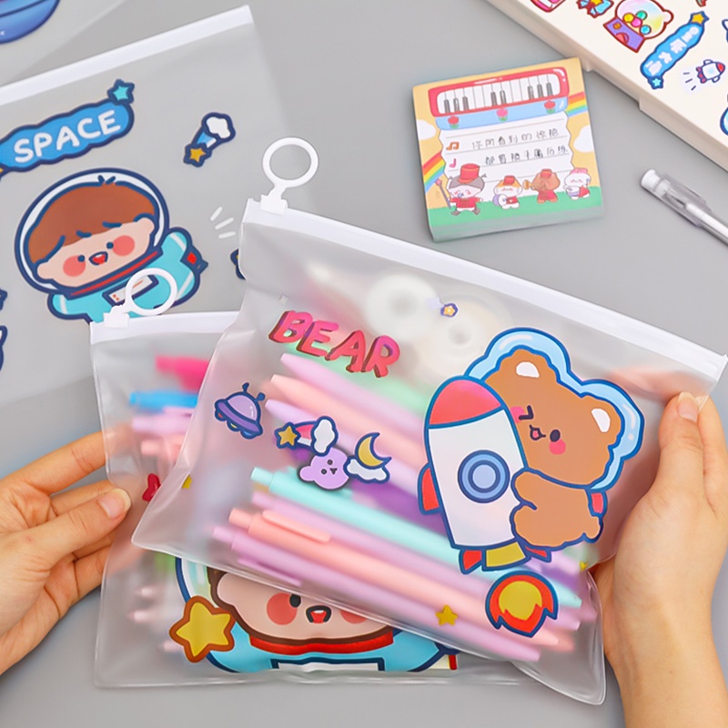 PVC Transparent Space Series File Case with Ring Zipper Cute Large Capacity Stationery Storage Case