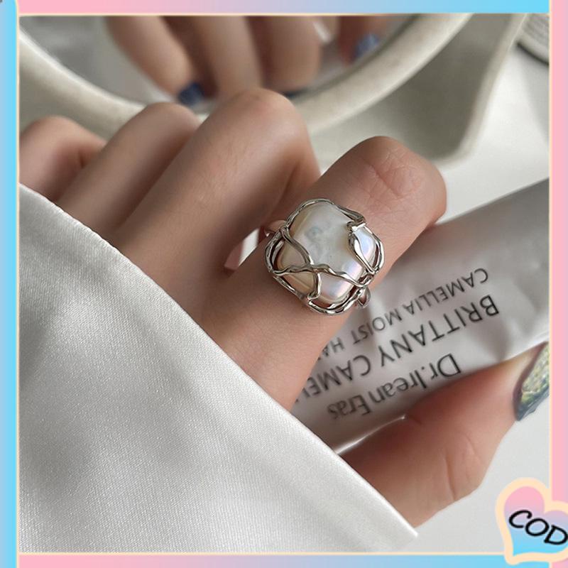 COD❤️ 2PCS Kreatif Sederhana Temperamen Pembukaan Mutiara Tidak Teratur Cincin Dapat Disesuaikan-A.one