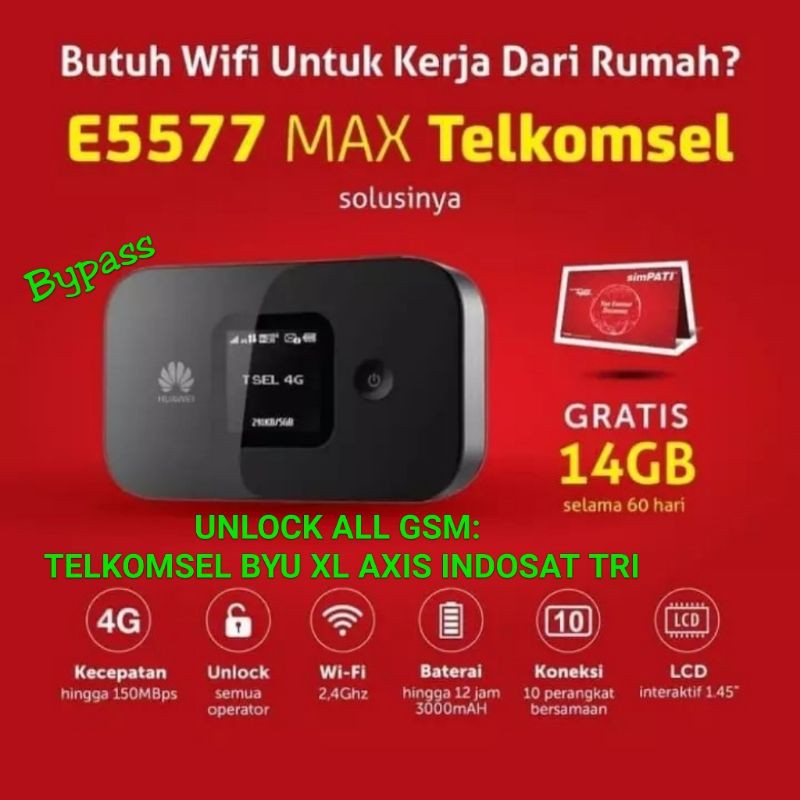 BYPASS 3000mAh MIFI HUAWEI E5577 MAX + TELKOMSEL 14GB  MODEM WIFI ROUTER UNLOCK 3G 4G ALL OPERATOR