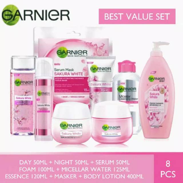 Baru Set paket lengkap skin care garnier sakura white dengan glow whip ...