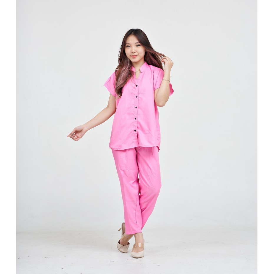 IZANY Piyama One Set / Daily Set Plain Kemeja  COWAY Allsize-PINK PLAIN