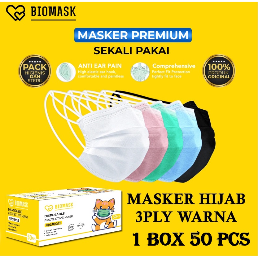 BIOMASK - Masker Hijab 3ply 1 Box isi 50Pcs Headloop Premium Hitam Biru Putih Pink Hijau Warna Warni