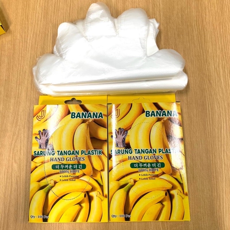 Sarung Tangan Plastik (isi 100 Lembar) / 50 pasang merek banana dan apel bahan tebal dan tidak gampang robek Promo Sen