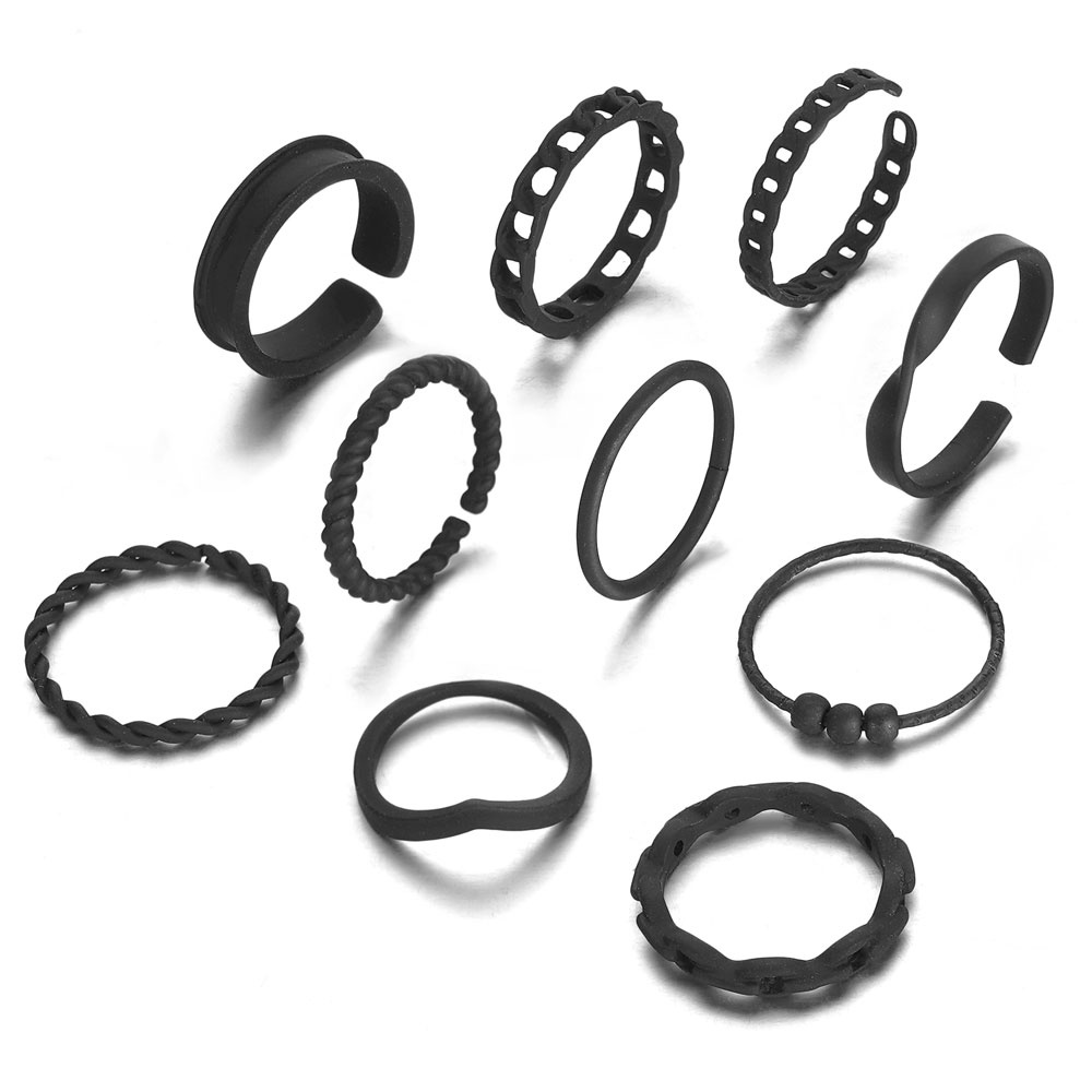 10pcs / Set Cincin Geometris Bahan Logam Warna Hitam Gaya Punk Untuk Wanita