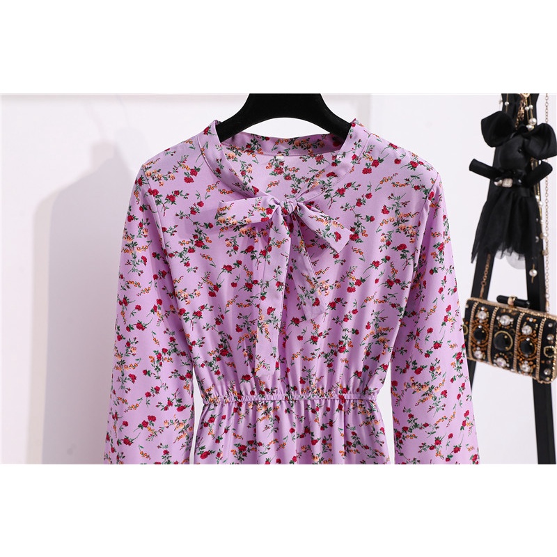 New 2022 COD Fashion Korean Women Dress Ungu Gaun Midi Bunga Untuk Wanita Busana Musim Panas Gaun Lengan Panjang Gaya Korea 2023
