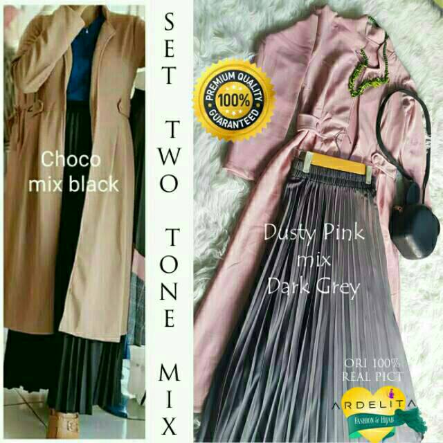 NEW!! SET CARDY ROK PLISKET TWO TONE/OUTWEAR KEKINIAN/SELEGRAM OOTD/OOTD HIJAB/BAJU SETELAN