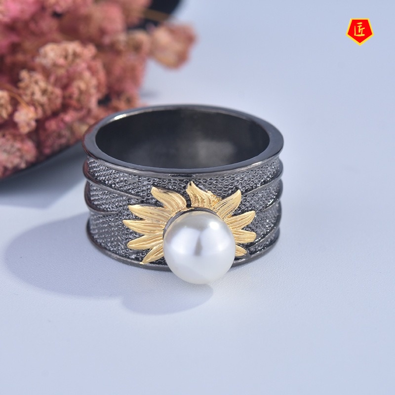 [Ready Stock]Gothic Style Sunflower Pearl Black Gold Ring