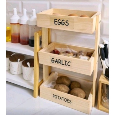 Rak tempat Bumbu Bawang Dapur Susun bertingkat Kekinian Rak kayu asli wadah Serbaguna perkakas memas