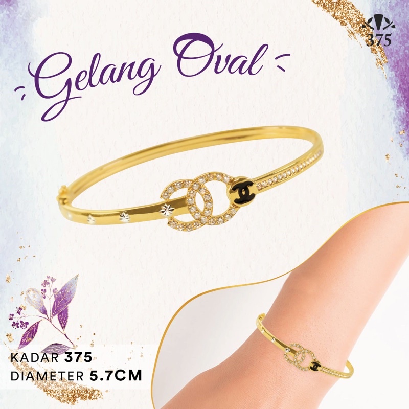 GELANG OVAL WANITA MOTIF CHANEL BATU DAN CAT HITAM SIMPLE KEKINIAN