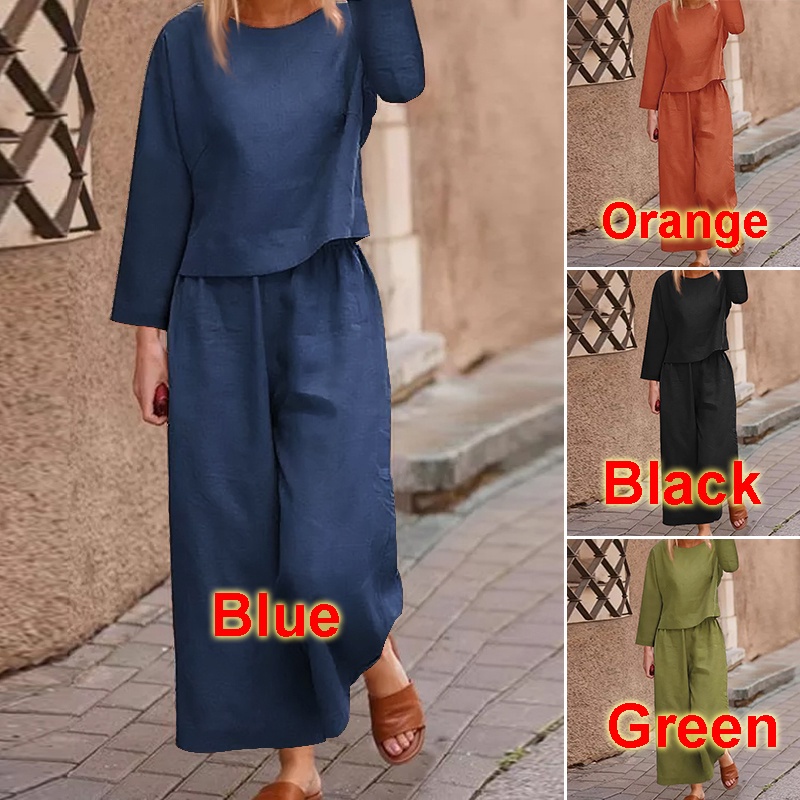 ZANZEA Women Fashion Casual Solid O Neck Full Sleeve Elastic Waist Wide Leg Sets