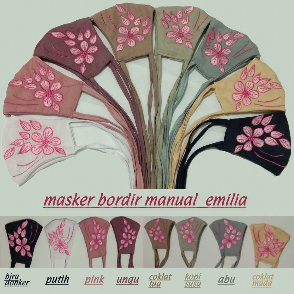 Masker Kain Emilia Bordir Manual. Masker Hijab. Masker Headloop. Masker Tali Kepala.