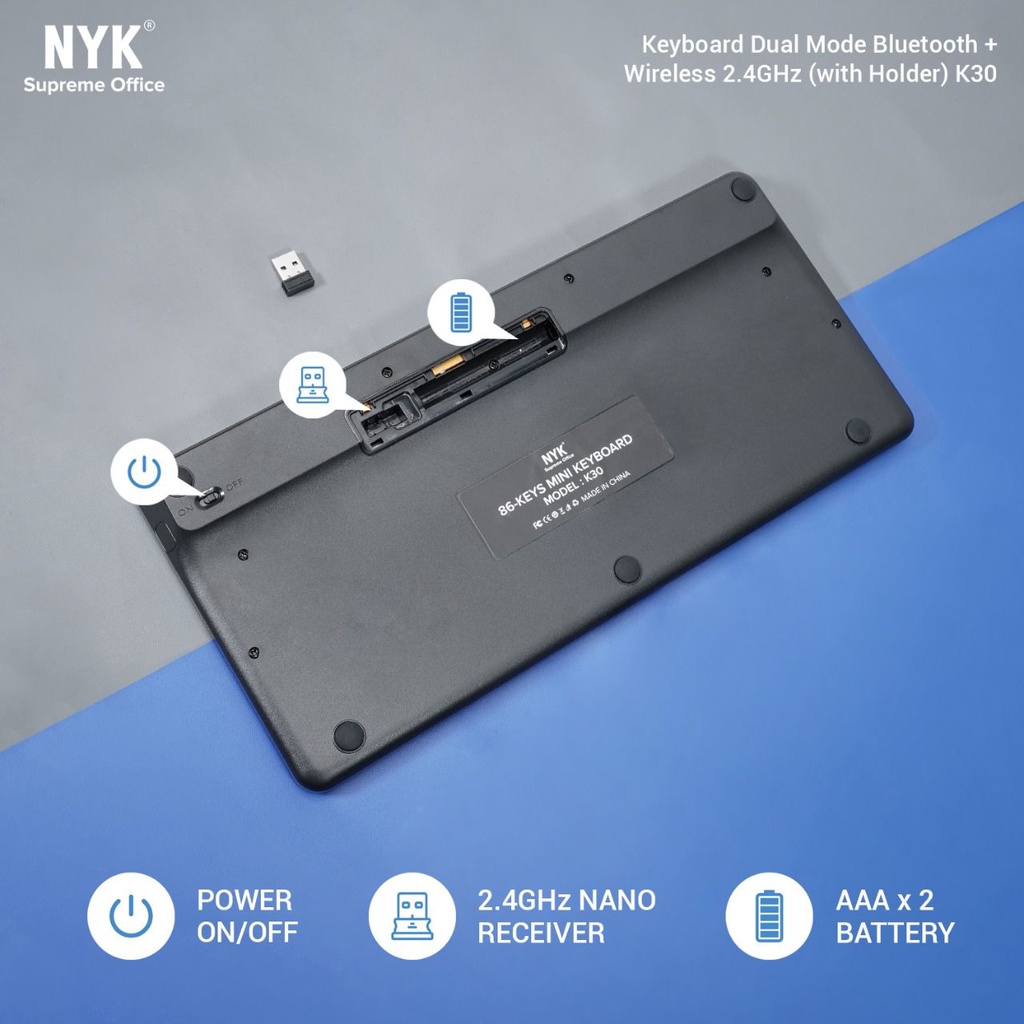 NYK K30 Keyboard Dual Mode Bluetooth + Wireless with Holder HP Tablet