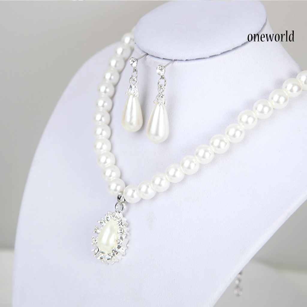 OW@ Water Drop Shape Pendant Faux Pearl Beaded Necklace Earrings Bridal Jewelry Set