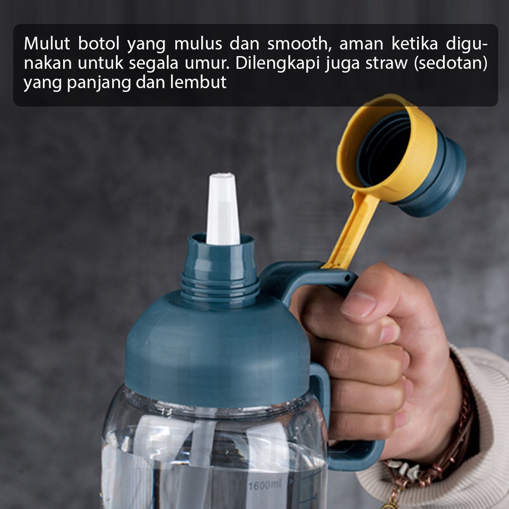 HUGO Botol Minum Bening Besar Jumbo 1800 ml Anti Bocor dengan Handle dan Sedotan Premium Quality