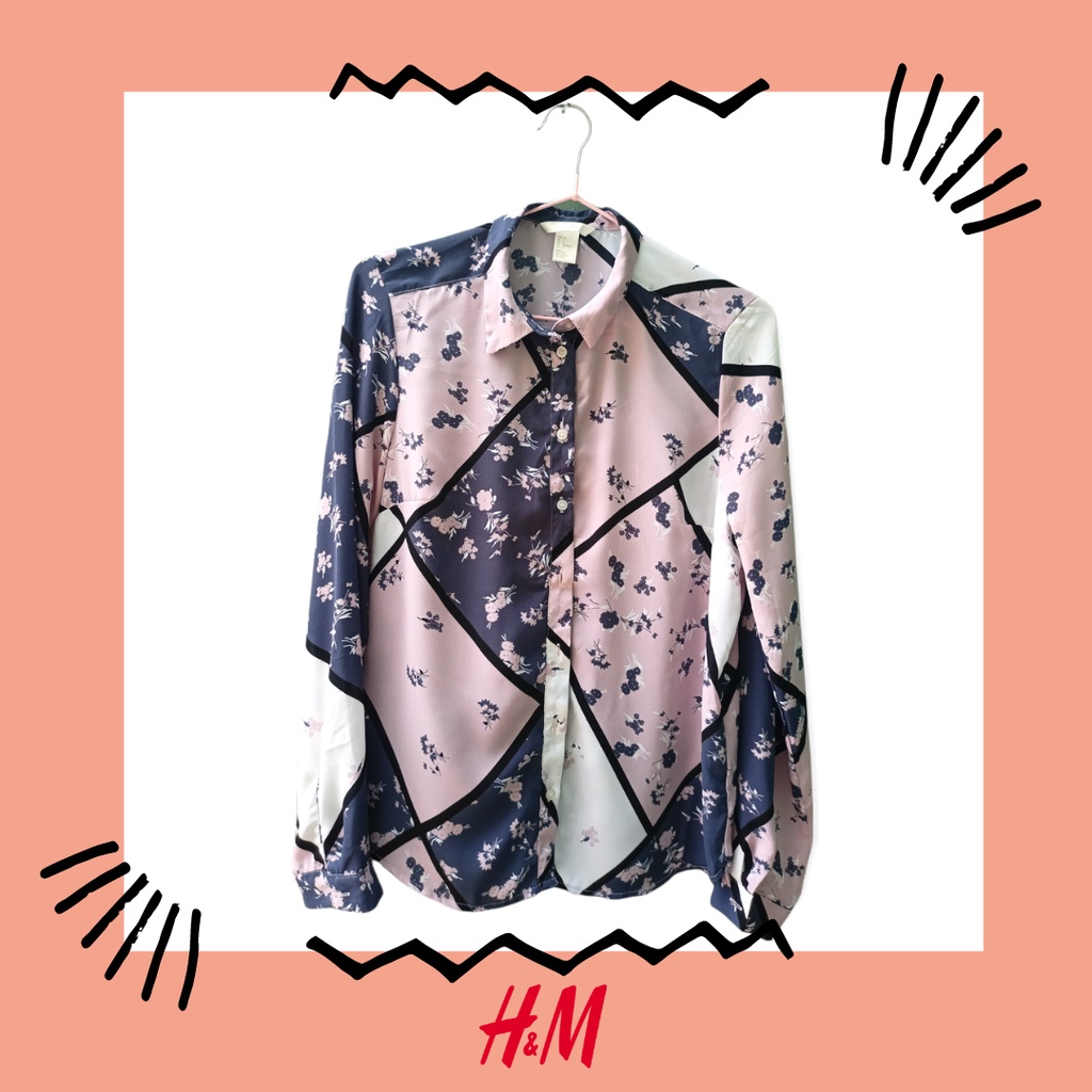 Baju Atasan Kemeja Blouse Lengan Panjang Motif Abstrak Wanita H&M HnM Original