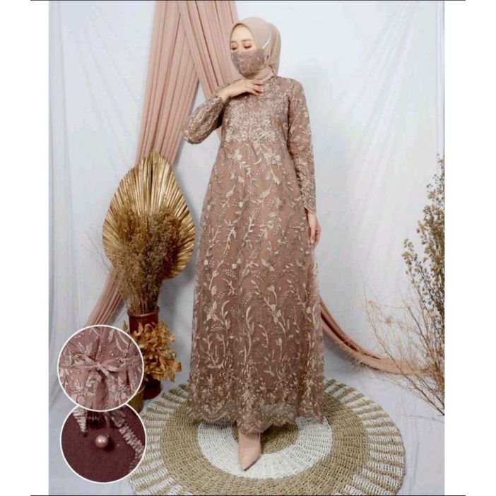 Gamis Dewasa Brukat Kebaya Tile Maxy Dress Wanita Muslim Brukat / Jumbo LD 90-120 Cm Premium