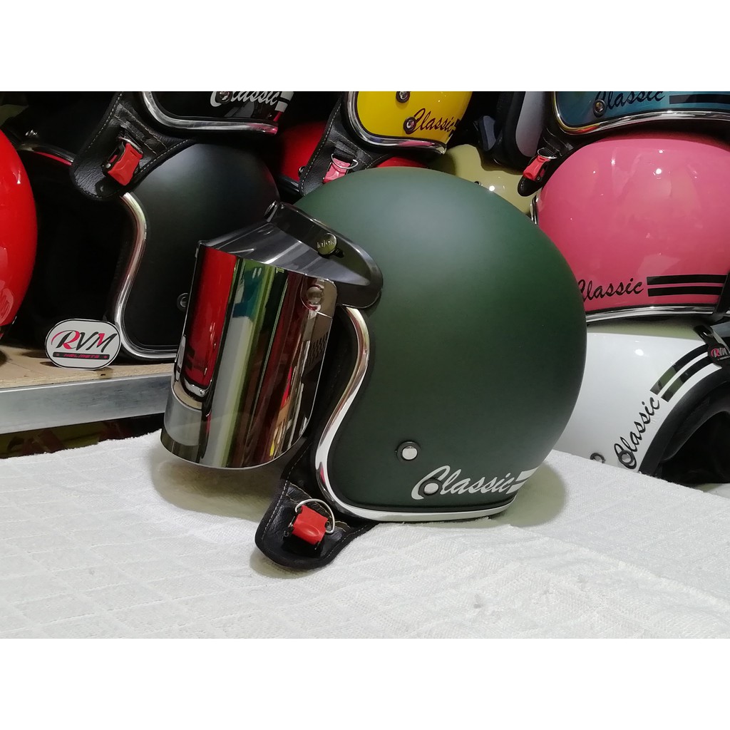 HELM BOGO CLASSIC LIST CHROME HIJAU DOFF KACA DATAR SILVER ...