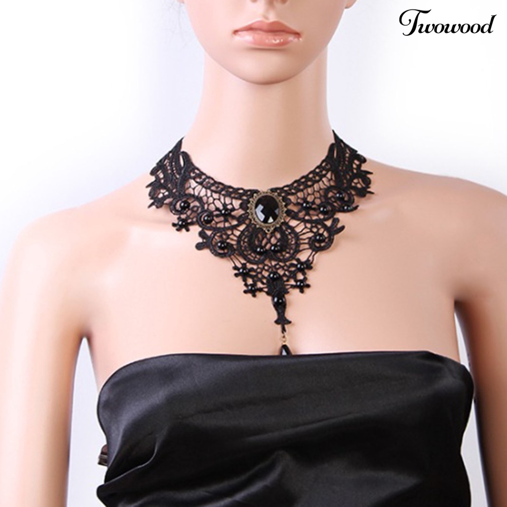 Kalung Choker Adjustable Model Hollow Out Aksen Renda Warna Hitam Untuk Wanita