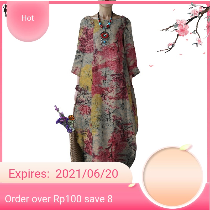 Varisa ZANZEA Women Casual Ptinted 3/4 Sleeve Side Pockets Maxi Dress