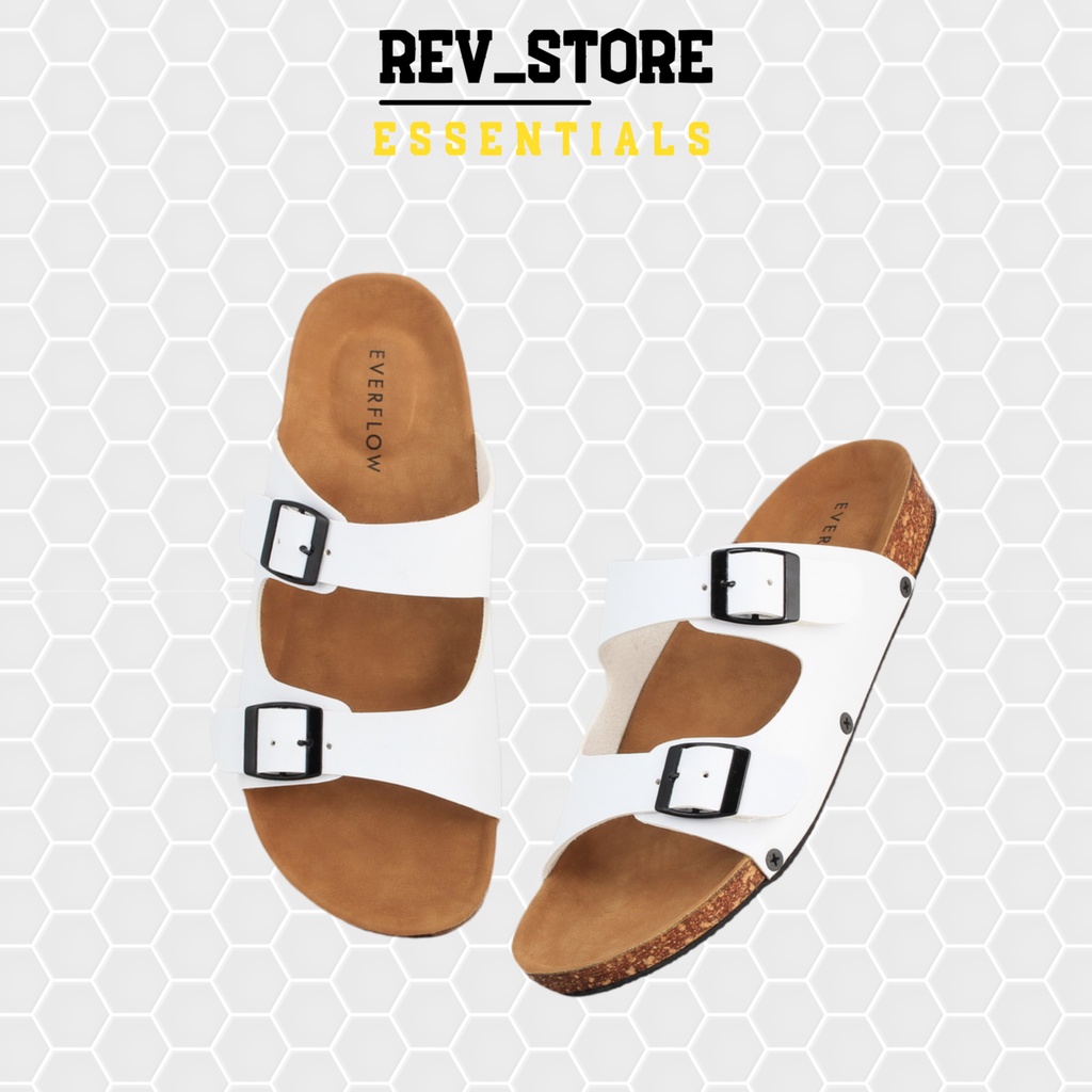 REV STORE - Sandal Pria &amp; Wanita White - Sendal Selop Gesper - Sandal Kulit Pu Unisex