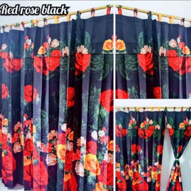 [ PINTU DAN JENDELA ] GORDEN TALI + PONI MOTIF BUNGA MAWAR MERAH DASAR HITAM