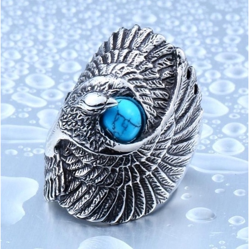 Cincin Bahan 925 Silver Plated Desain Elang Bahan Stainless Steel Gaya Kasual Untuk Pria