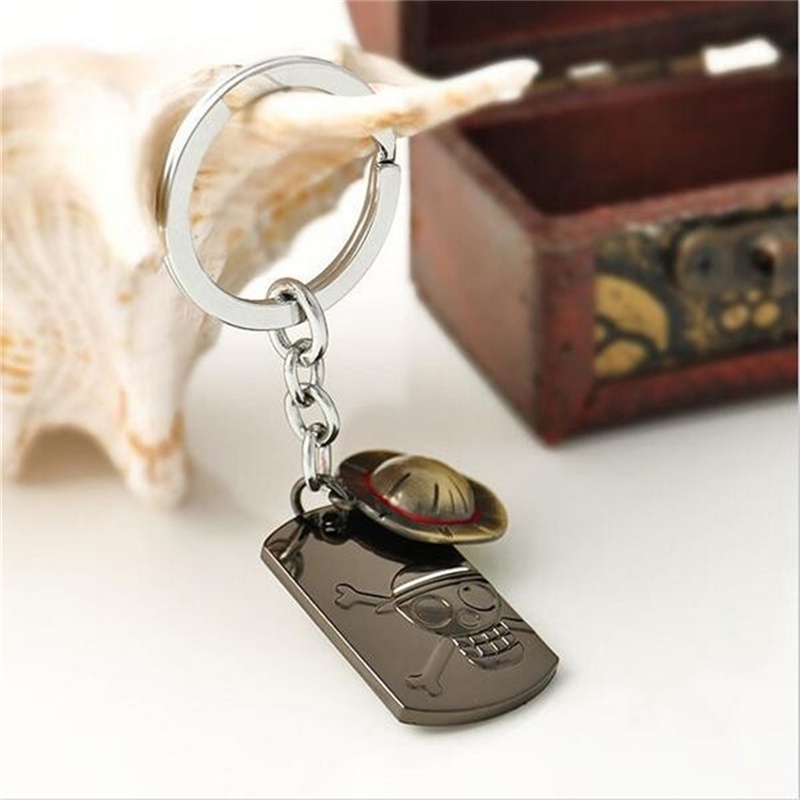 【Theredsunrisesiwy.id】Fashion Anime One Piece Luffy Straw Hat Skull  Stainless Steel Keychain Key Ring