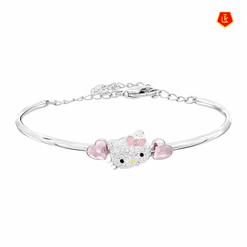 [Ready Stock]Elegant Pink Heart-Shaped Crystal Cartoon Cat Bracelet