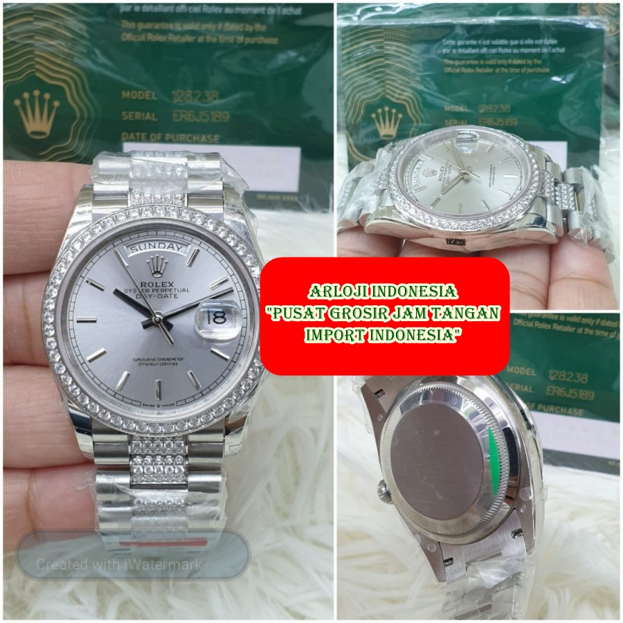 Flash Sale Jam Tangan Wanita ROLEX DayDate 36mm Diamond Silver SWISS ETA 1:1 Garansi 1th