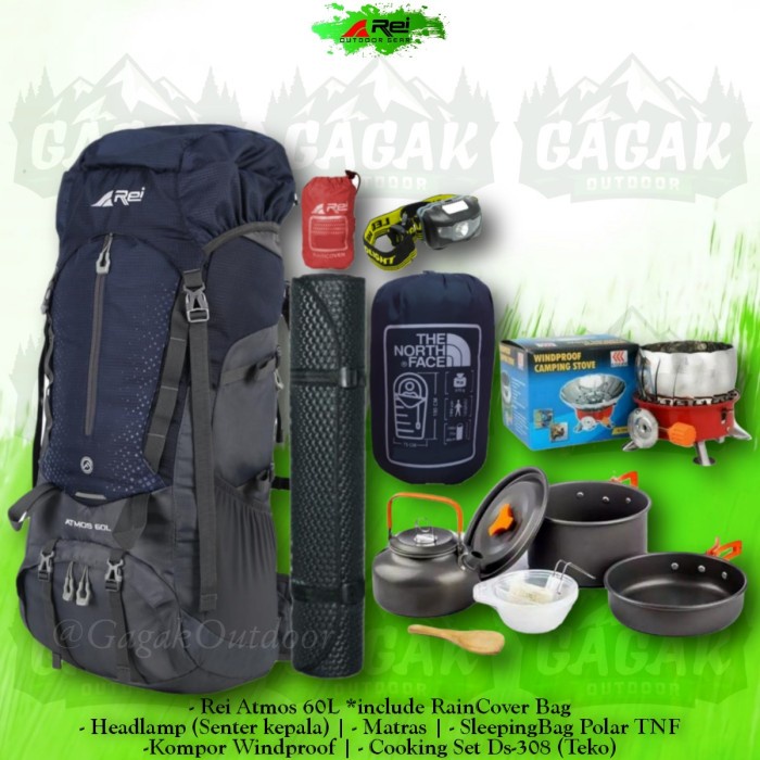 Alan - Paket Tas Gunung Carrier Rei Arei Atmos 60L Kompor Cooking Set Ds-308 - Tidak Sendokgel